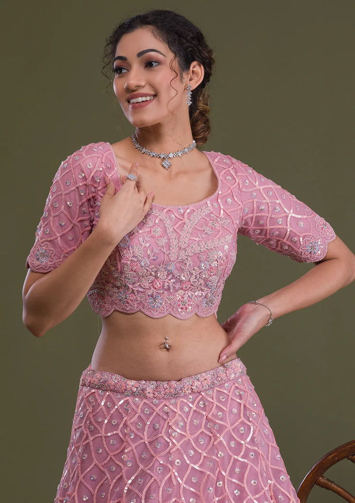 Pink Sequins Net Semi Stitched Lehenga-Koskii