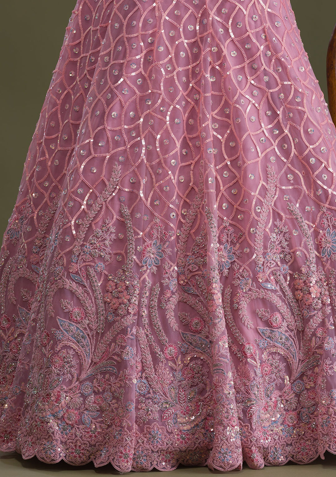 Pink Sequins Net Semi Stitched Lehenga-Koskii