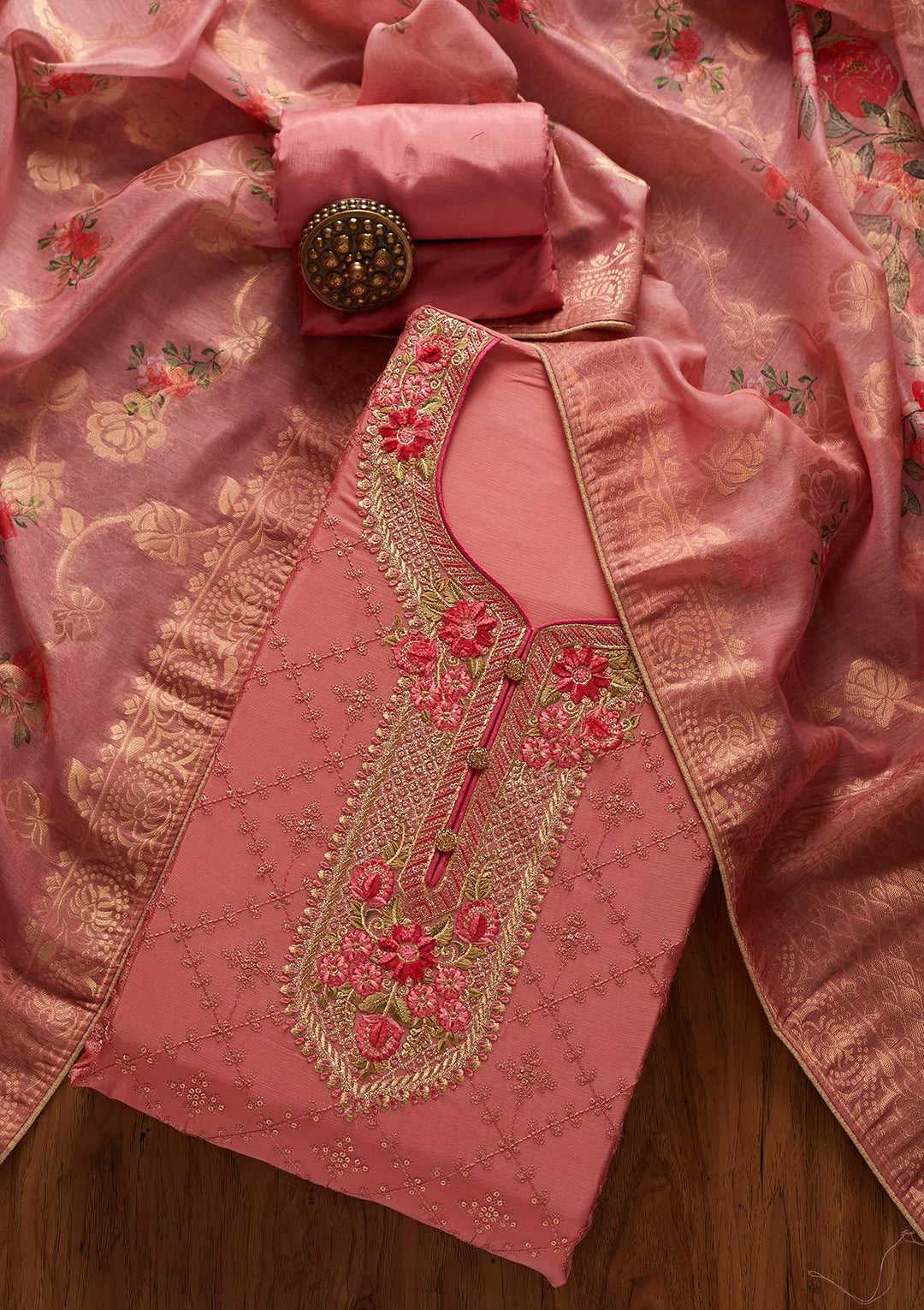 Pink Sequins Semi Crepe Designer Unstitched Salwar Suit - koskii