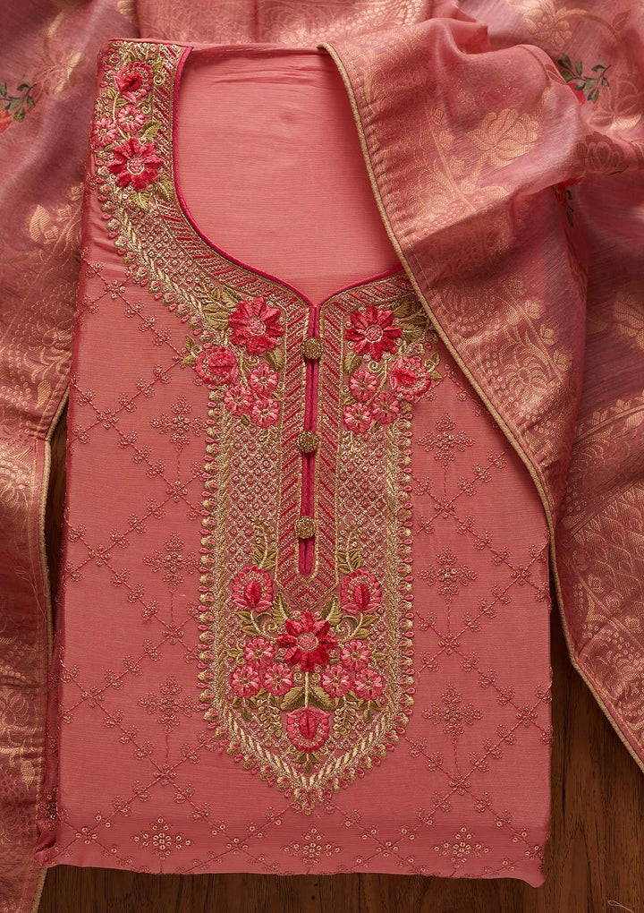 Pink Sequins Semi Crepe Designer Unstitched Salwar Suit - koskii