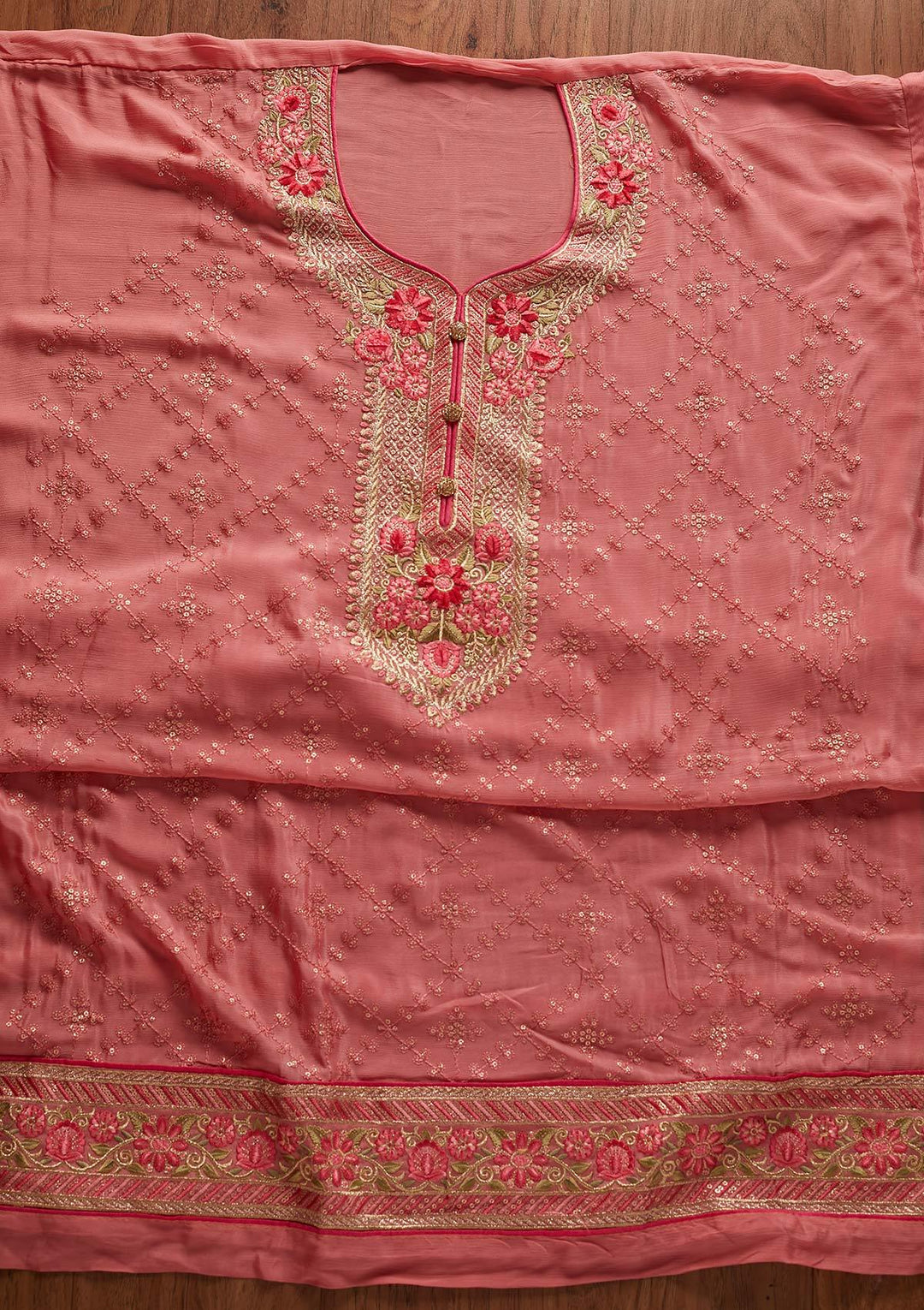 Pink Sequins Semi Crepe Designer Unstitched Salwar Suit - koskii