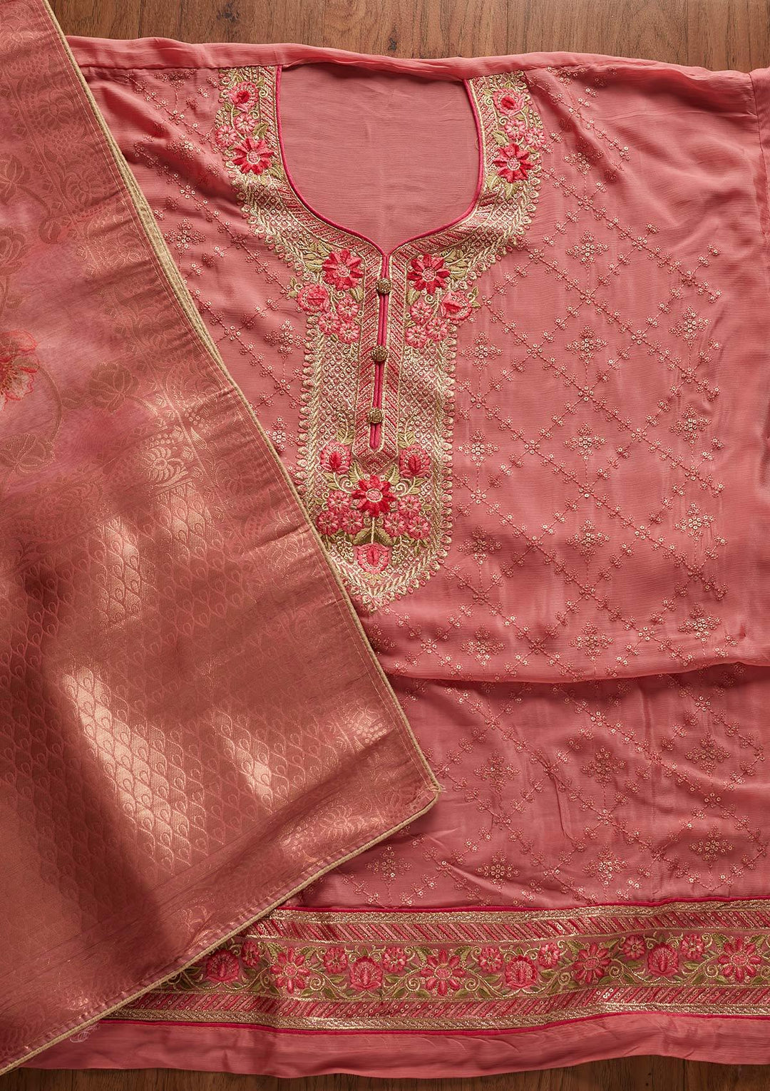 Pink Sequins Semi Crepe Designer Unstitched Salwar Suit - koskii