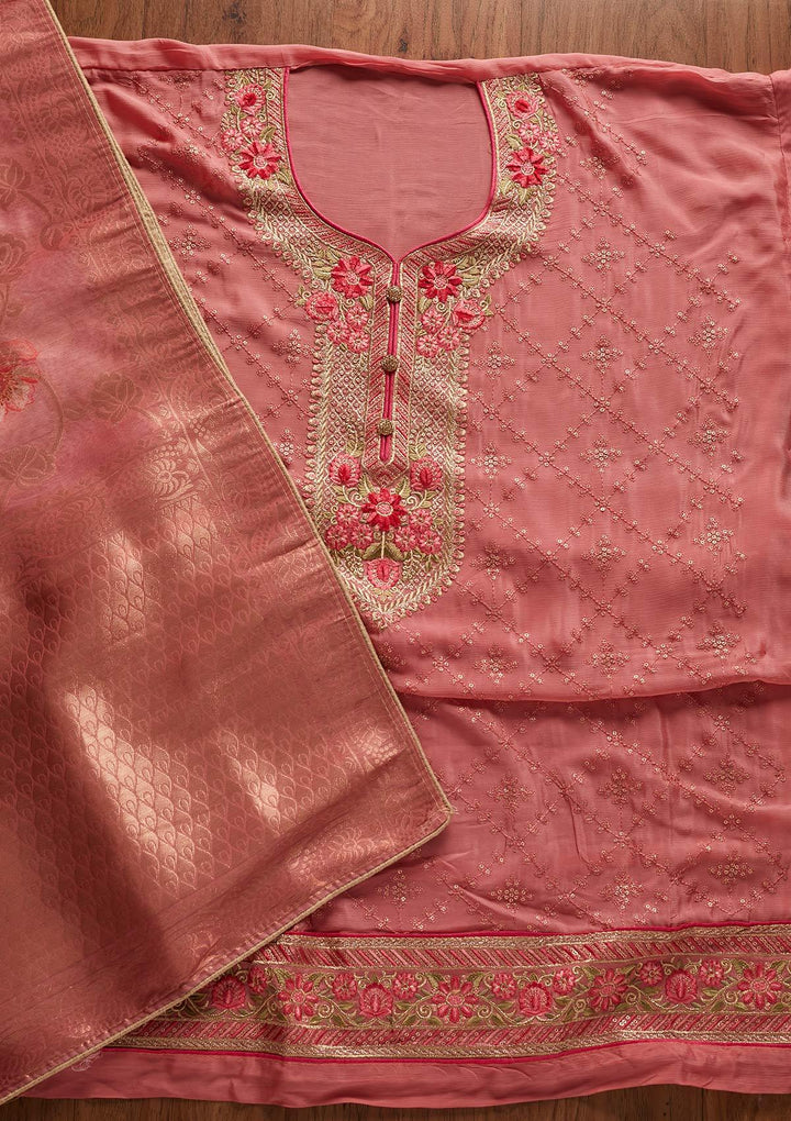 Pink Sequins Semi Crepe Designer Unstitched Salwar Suit - koskii