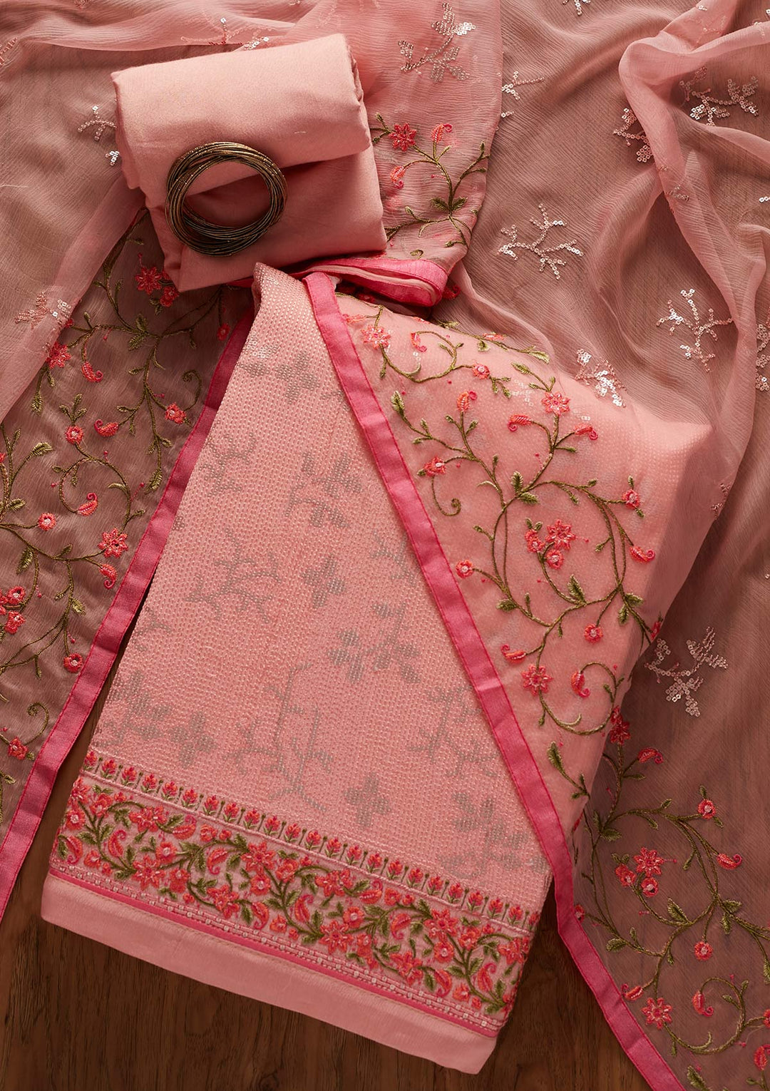 Pink Sequins Semi Crepe Designer Unstitched Salwar Suit - koskii
