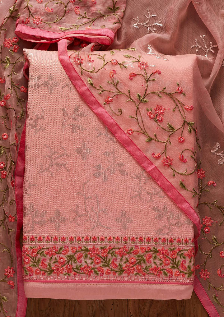 Pink Sequins Semi Crepe Designer Unstitched Salwar Suit - koskii