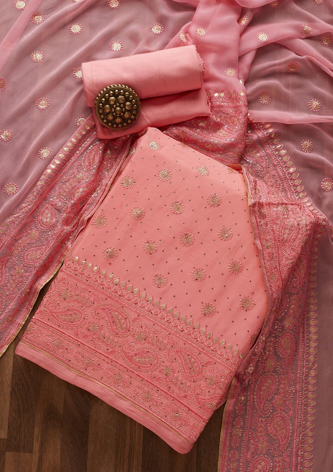 Pink Sequins Semi Crepe Designer Unstitched Salwar Suit - Koskii