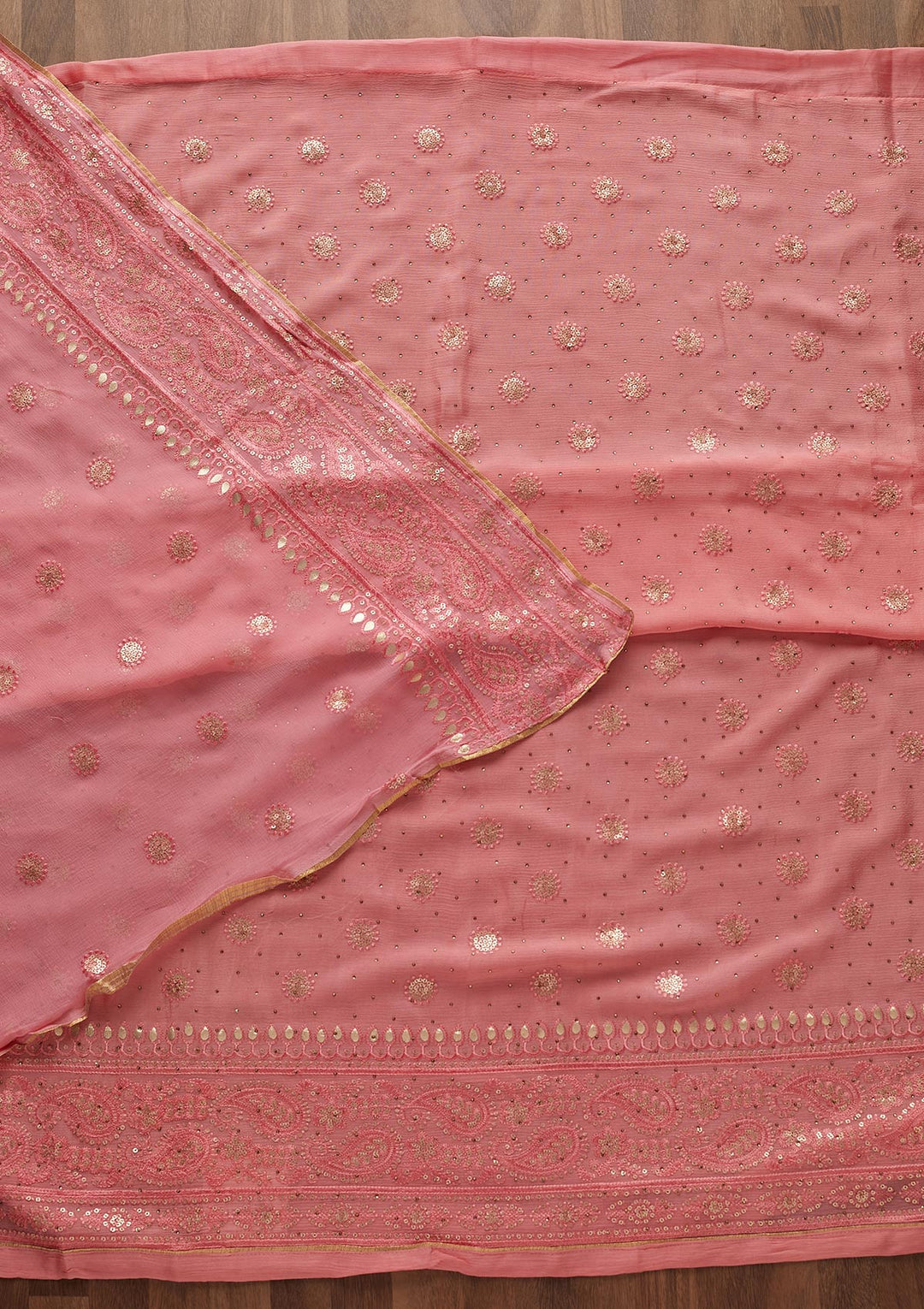 Pink Sequins Semi Crepe Designer Unstitched Salwar Suit - Koskii