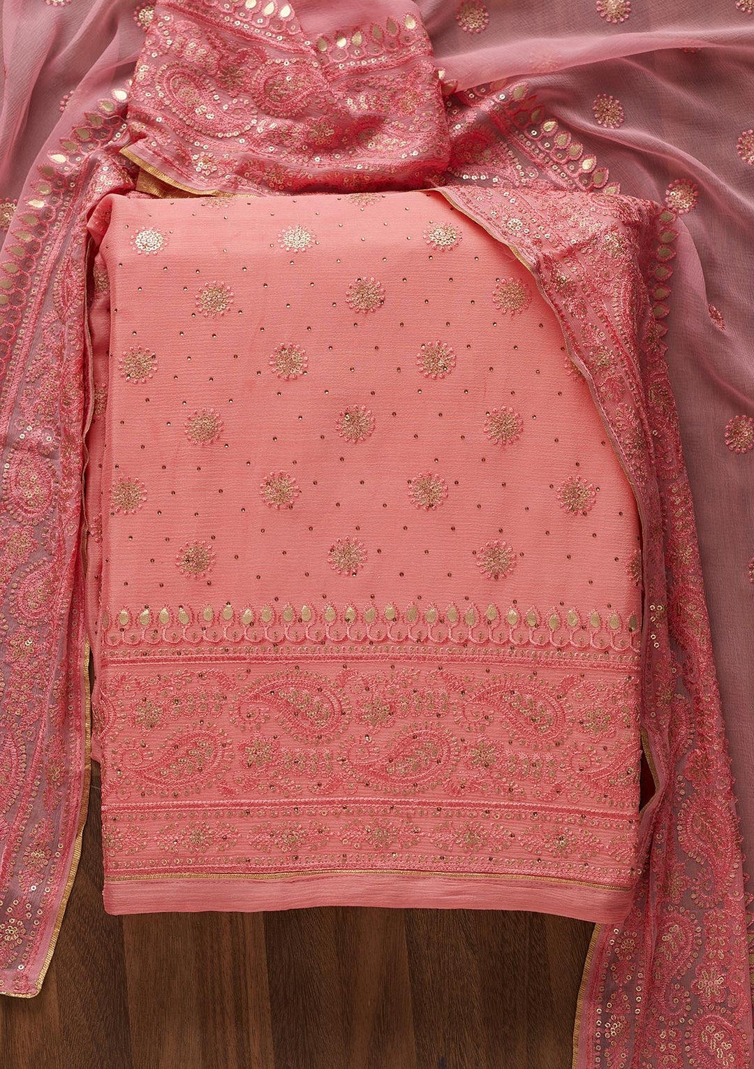 Pink Sequins Semi Crepe Designer Unstitched Salwar Suit - Koskii