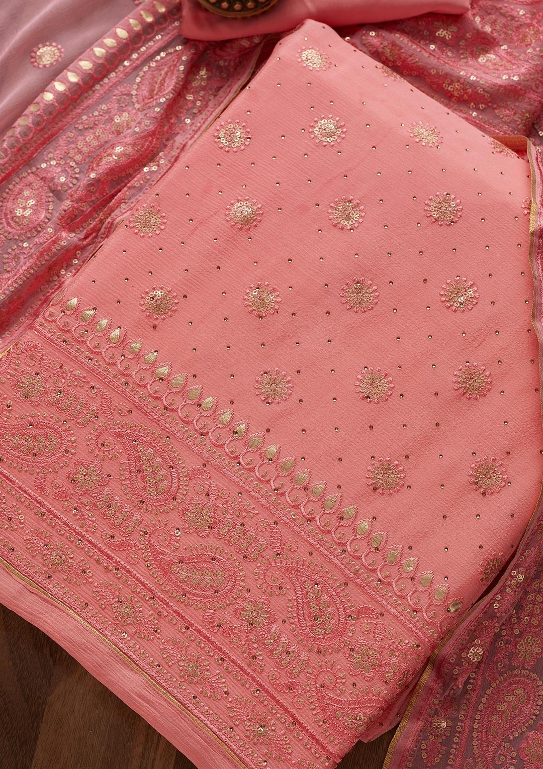 Pink Sequins Semi Crepe Designer Unstitched Salwar Suit - Koskii
