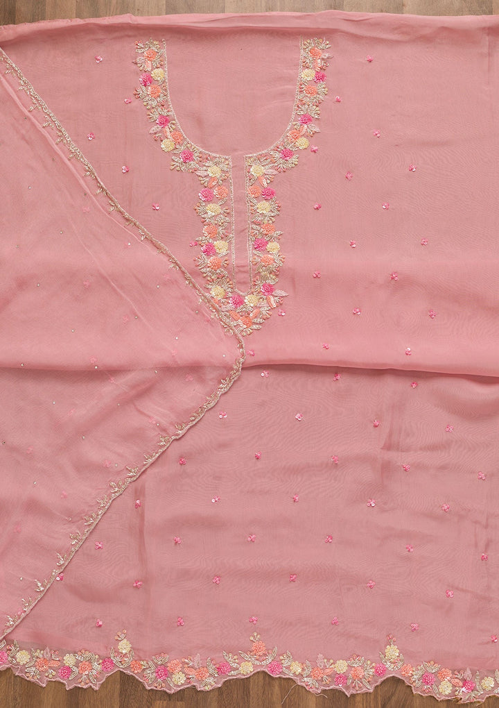 Pink Sequins Organza Unstitched Salwar Kameez-Koskii