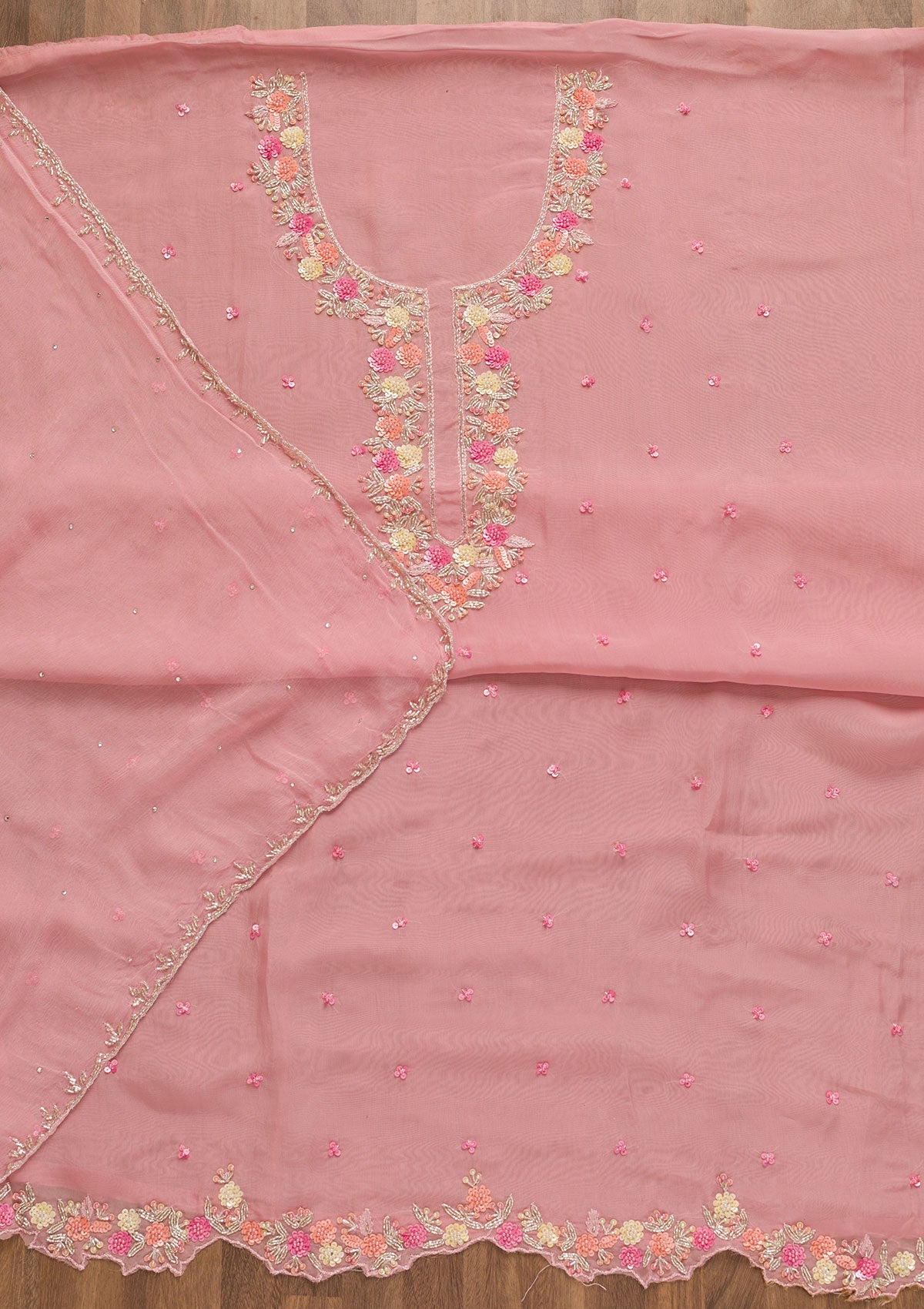 Pink Sequins Organza Unstitched Salwar Kameez-Koskii