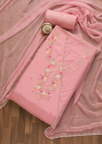 Pink Sequins Organza Unstitched Salwar Kameez-Koskii