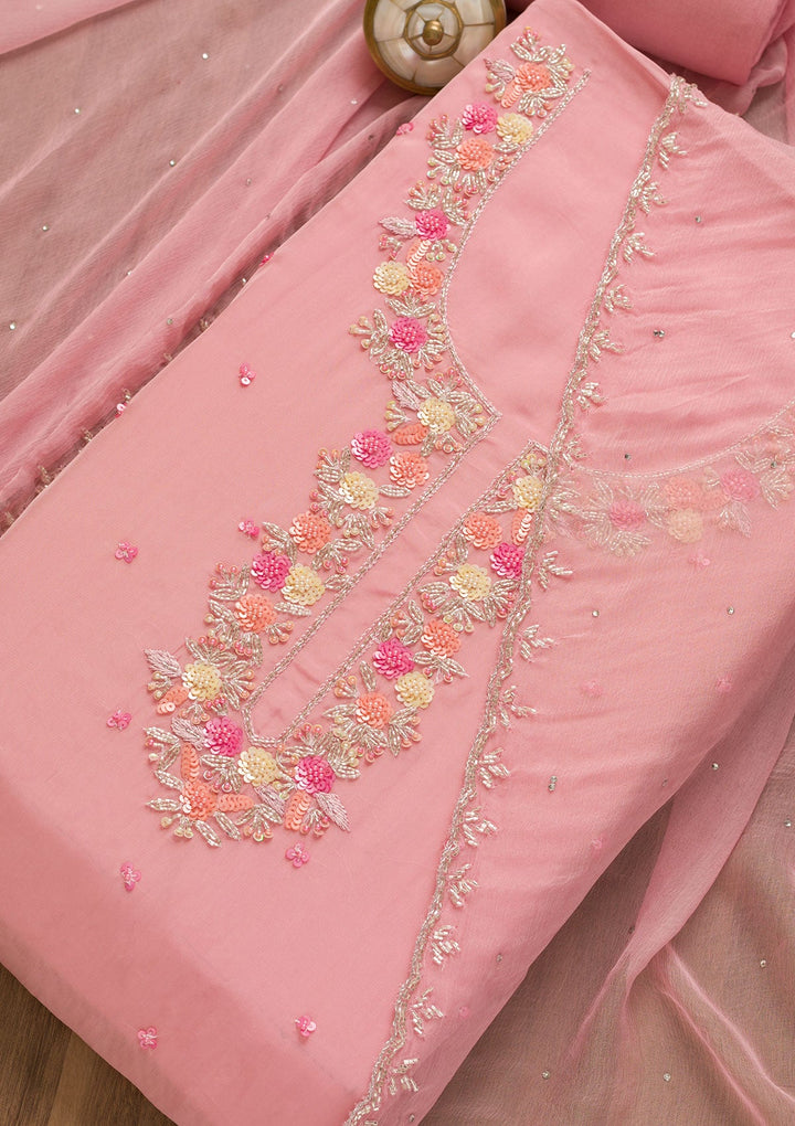 Pink Sequins Organza Unstitched Salwar Kameez-Koskii