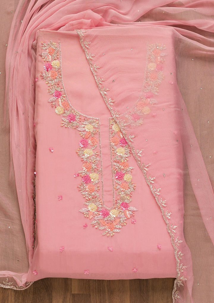Pink Sequins Organza Unstitched Salwar Kameez-Koskii