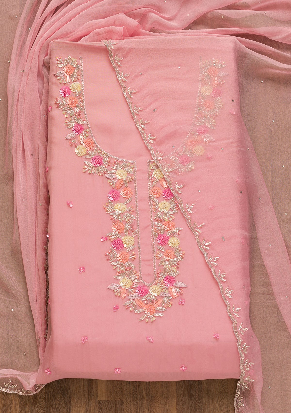 Pink Sequins Organza Unstitched Salwar Kameez-Koskii