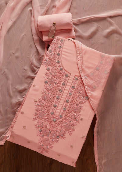 Pink Silver Stonework Georgette Designer Unstitched Salwar Suit - koskii