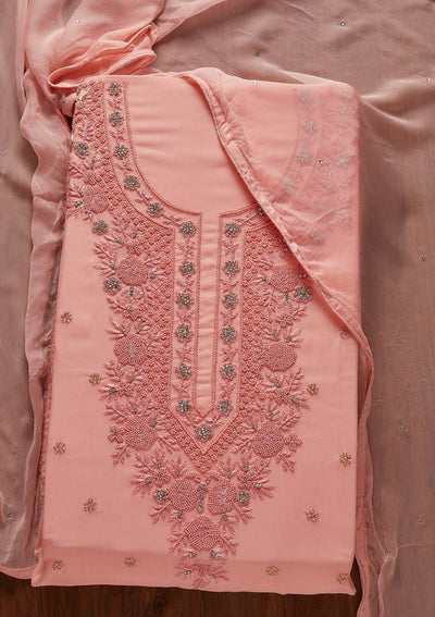 Pink Silver Stonework Georgette Designer Unstitched Salwar Suit - koskii