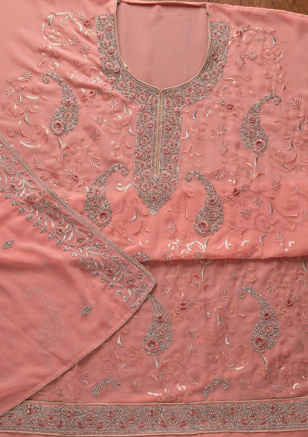 Pink Silver Stonework Georgette Designer Unstitched Salwar Suit - koskii
