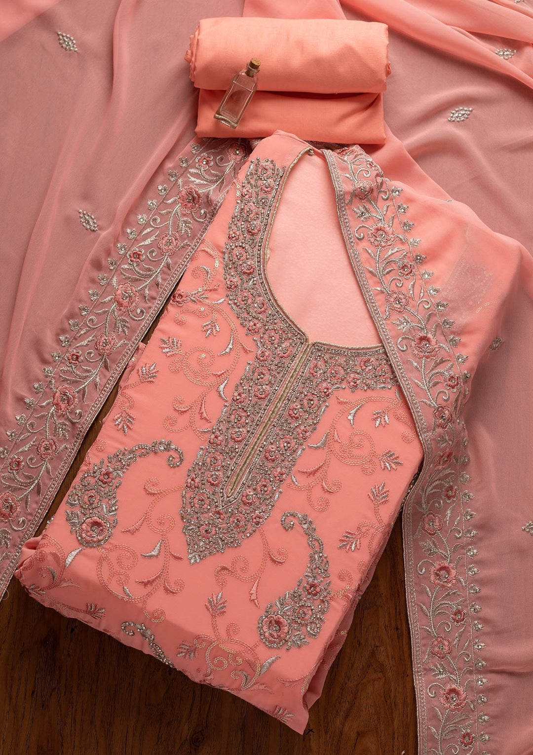 Pink Silver Stonework Georgette Designer Unstitched Salwar Suit - koskii