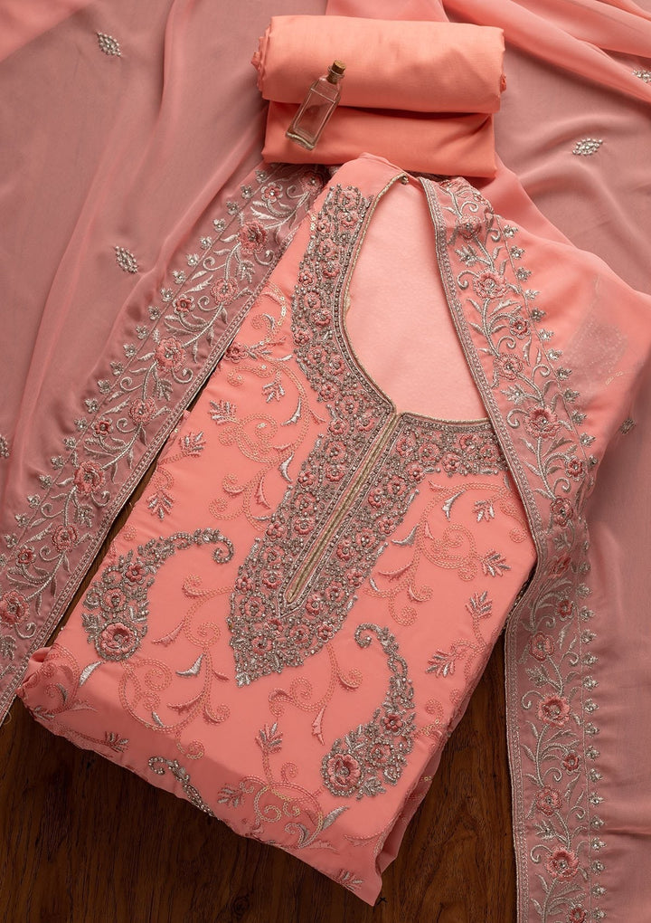 Pink Silver Stonework Georgette Designer Unstitched Salwar Suit - koskii