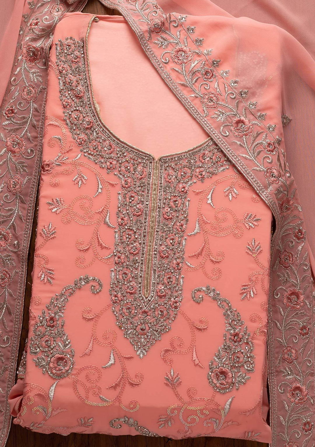 Pink Silver Stonework Georgette Designer Unstitched Salwar Suit - koskii