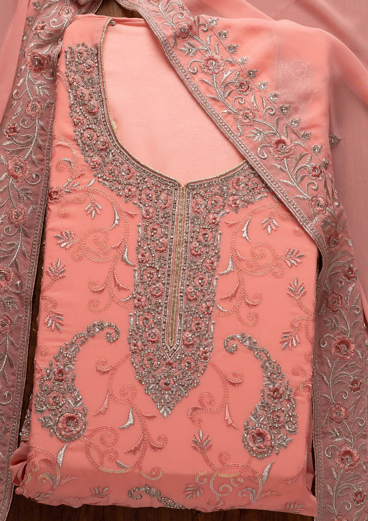 Pink Silver Stonework Georgette Designer Unstitched Salwar Suit - koskii