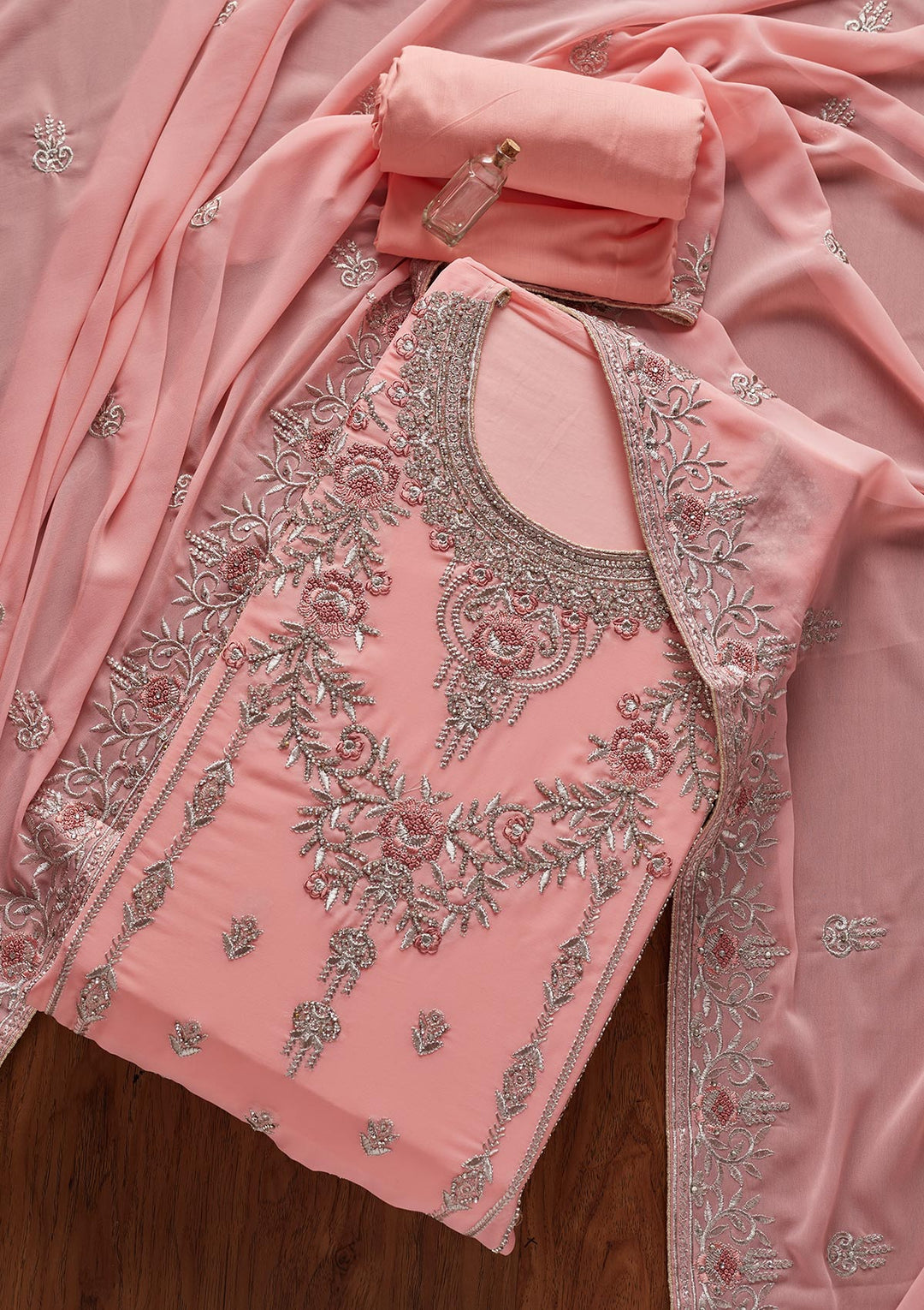 Pink Silver Stonework Georgette Designer Unstitched Salwar Suit - koskii