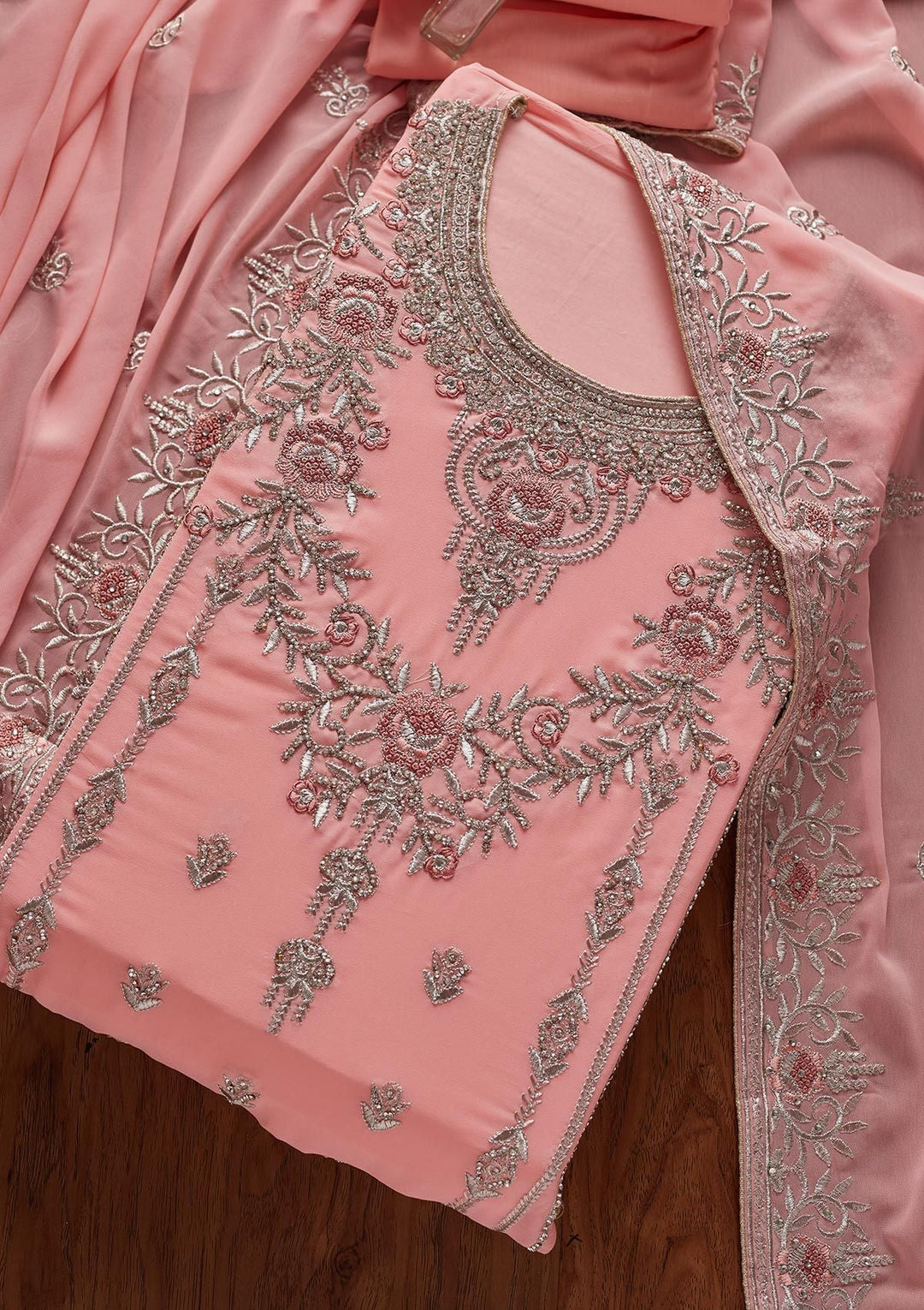 Pink Silver Stonework Georgette Designer Unstitched Salwar Suit - koskii