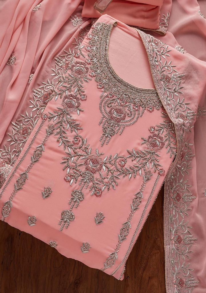 Pink Silver Stonework Georgette Designer Unstitched Salwar Suit - koskii