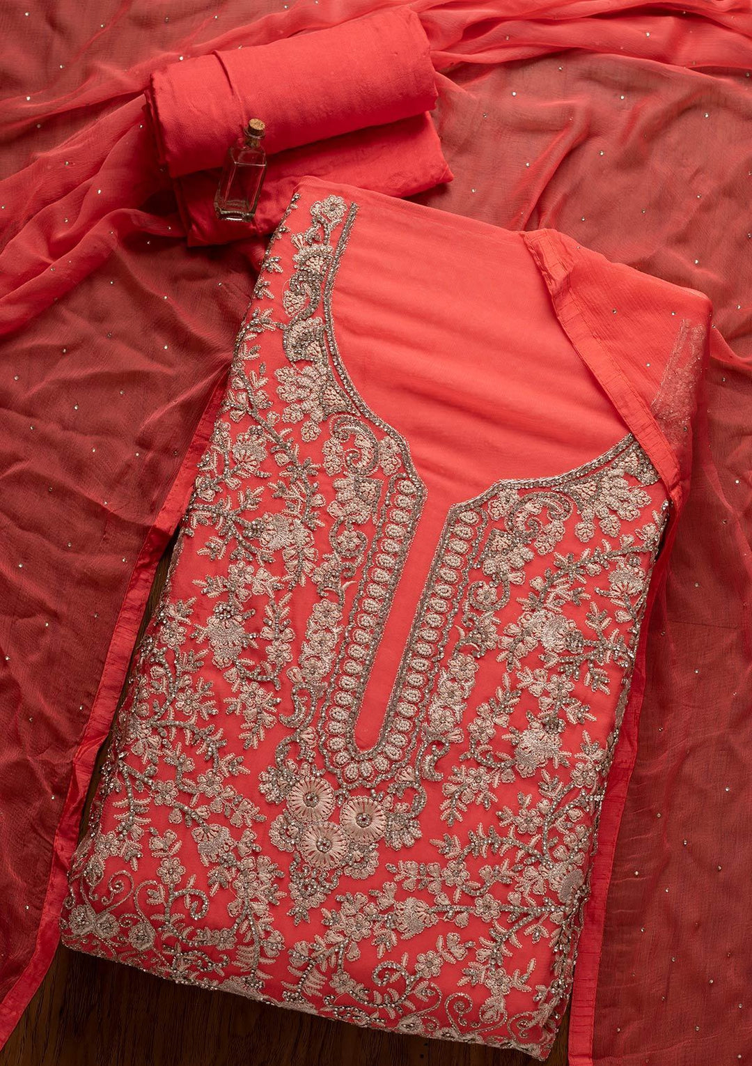 Pink Silver Stonework Georgette Designer Unstitched Salwar Suit - koskii
