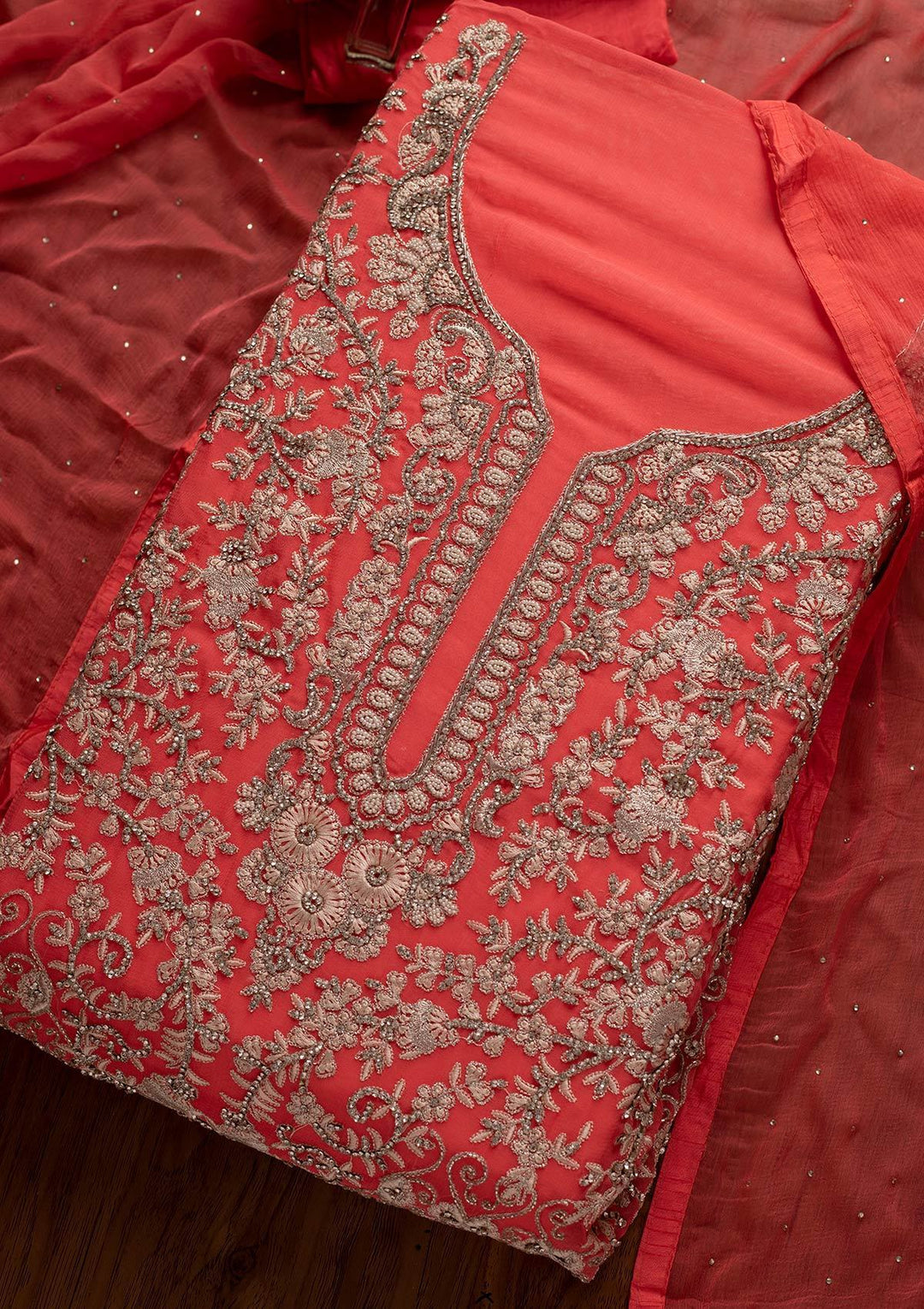 Pink Silver Stonework Georgette Designer Unstitched Salwar Suit - koskii