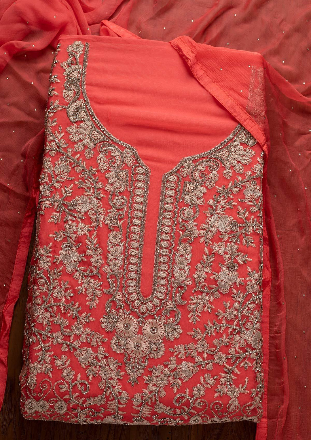Pink Silver Stonework Georgette Designer Unstitched Salwar Suit - koskii