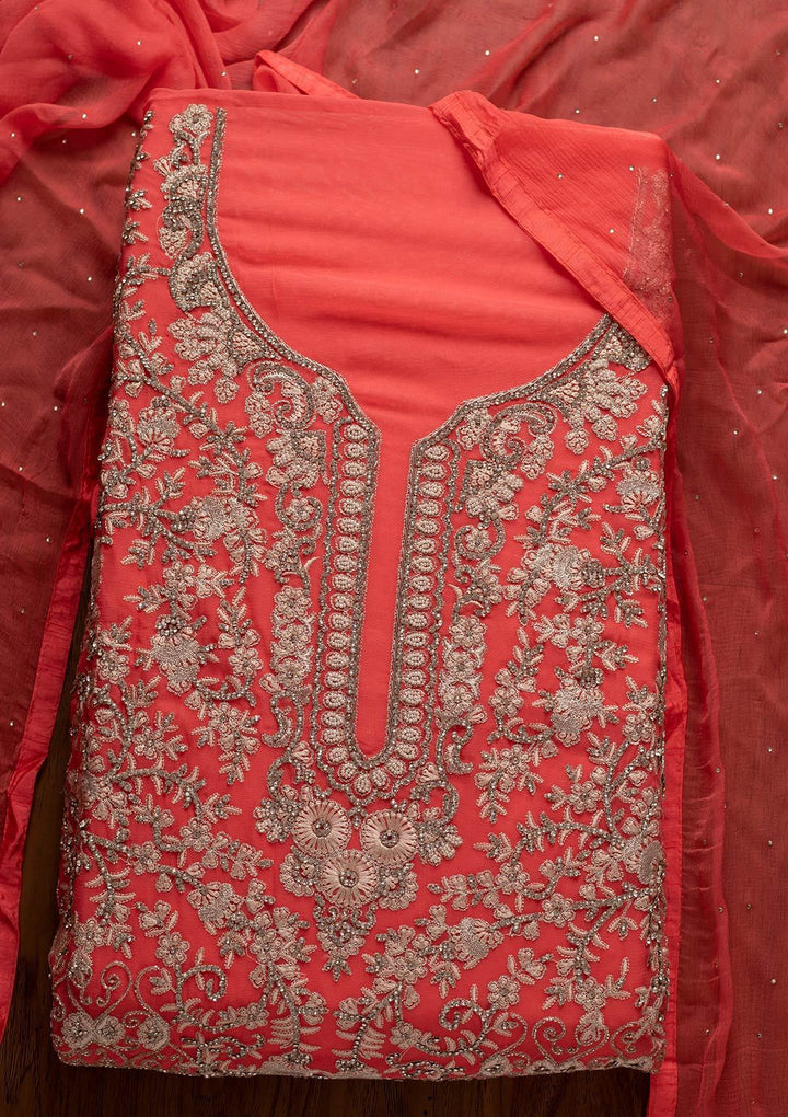 Pink Silver Stonework Georgette Designer Unstitched Salwar Suit - koskii