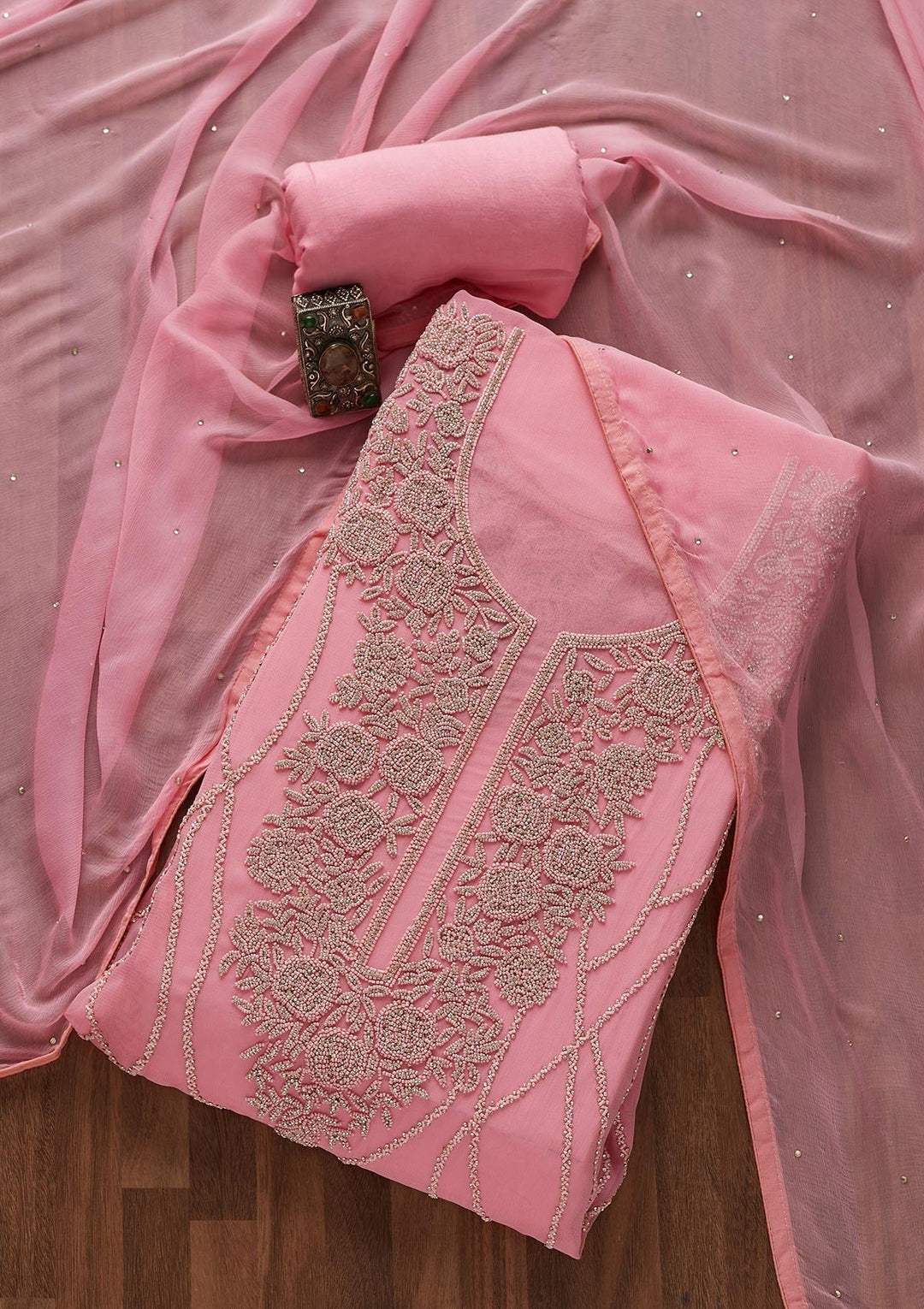 Pink Silver Stonework Georgette Designer Unstitched Salwar Suit - Koskii