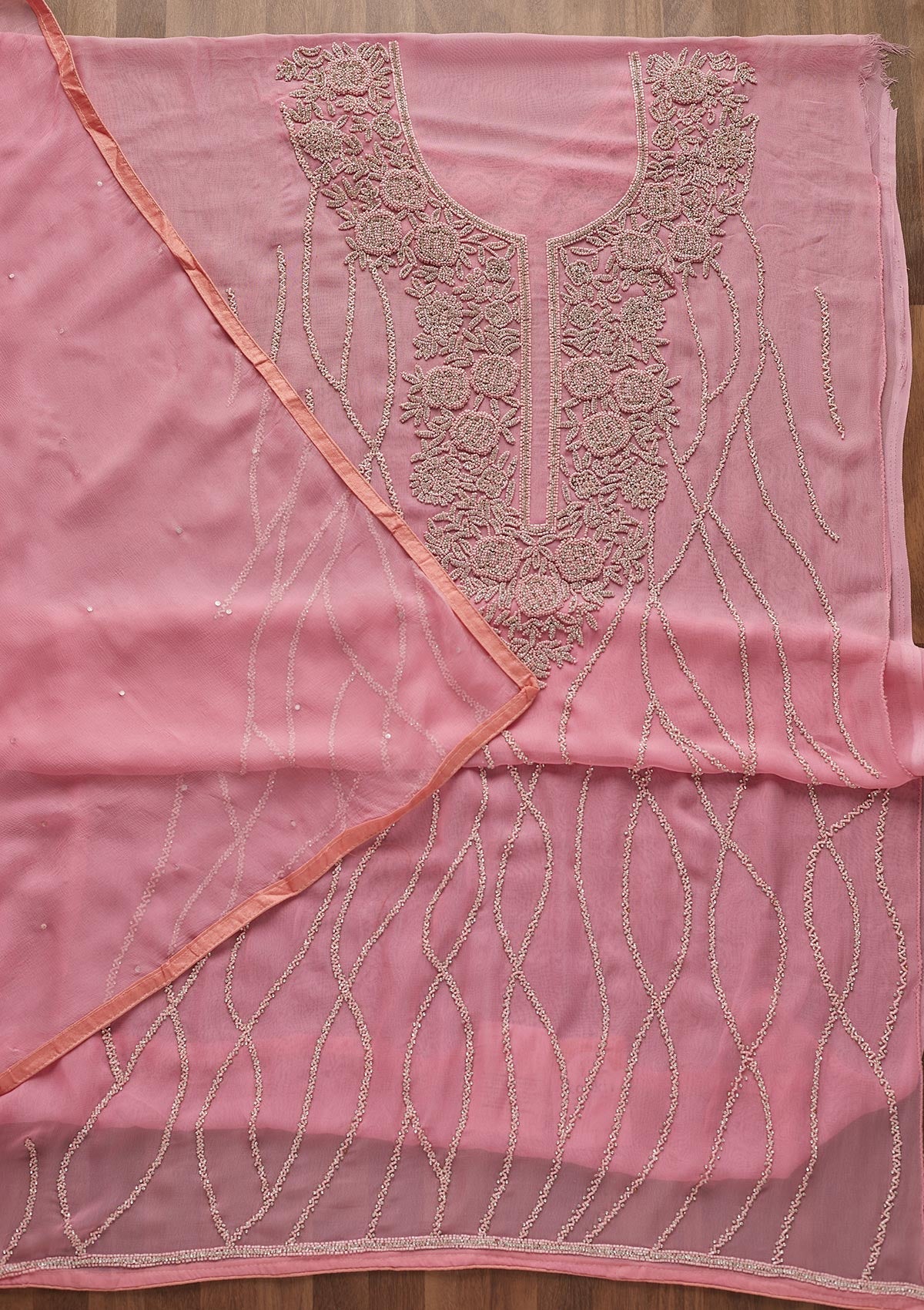 Pink Silver Stonework Georgette Designer Unstitched Salwar Suit - Koskii