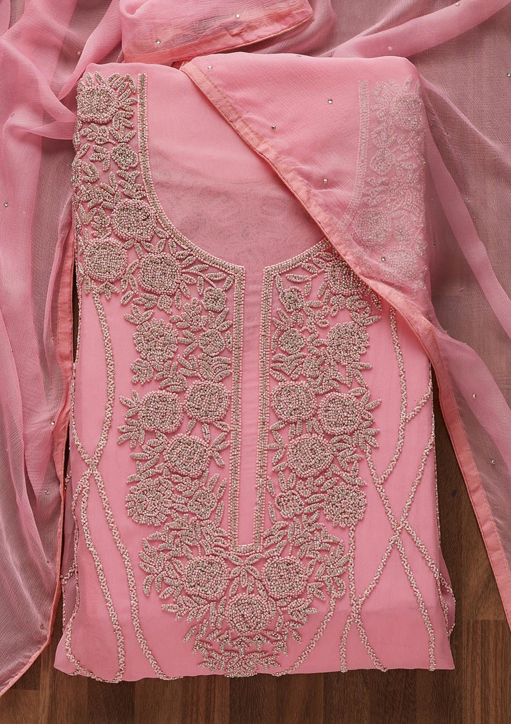 Pink Silver Stonework Georgette Designer Unstitched Salwar Suit - Koskii