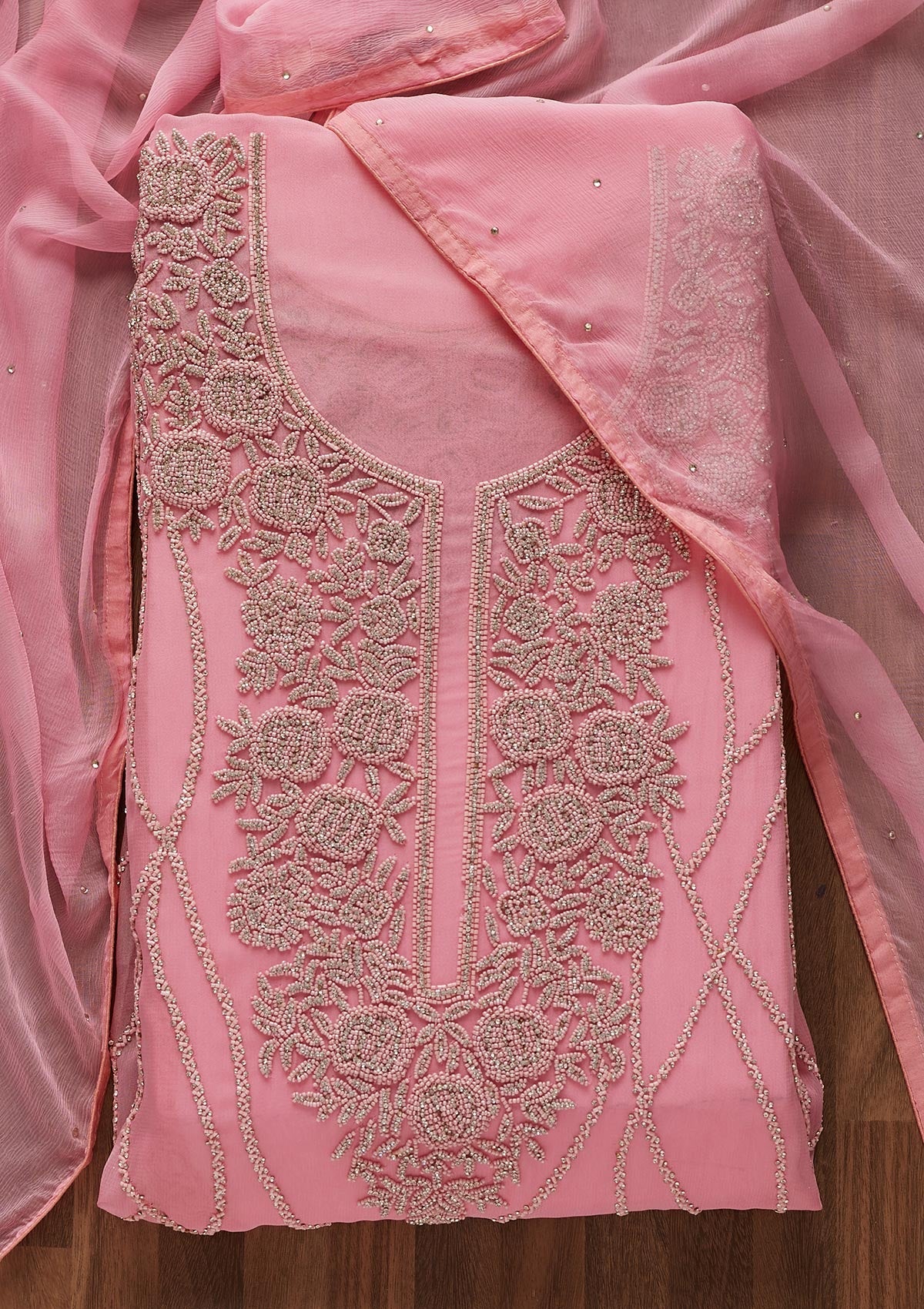 Pink Silver Stonework Georgette Designer Unstitched Salwar Suit - Koskii