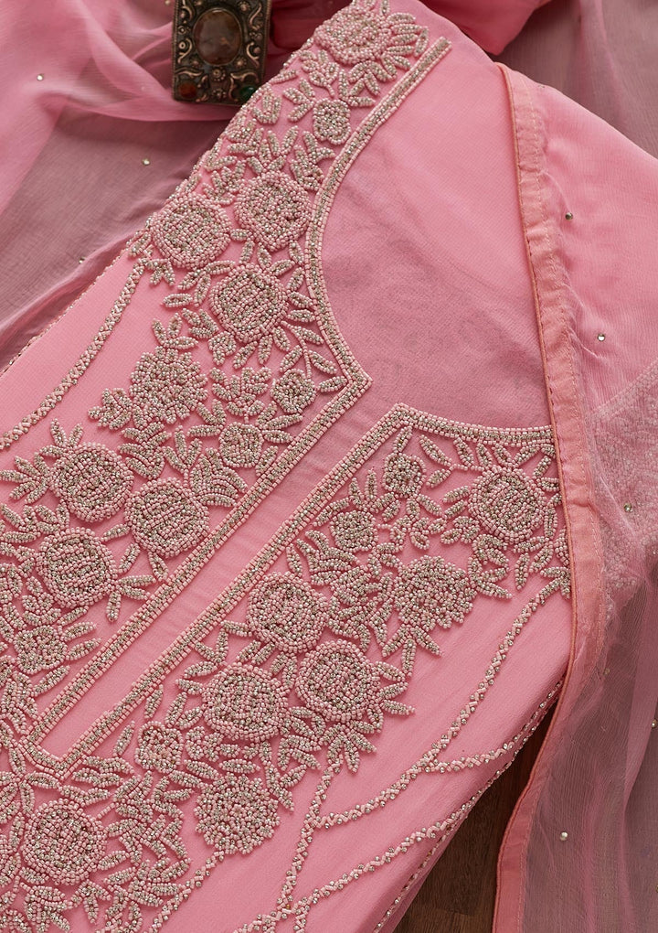 Pink Silver Stonework Georgette Designer Unstitched Salwar Suit - Koskii