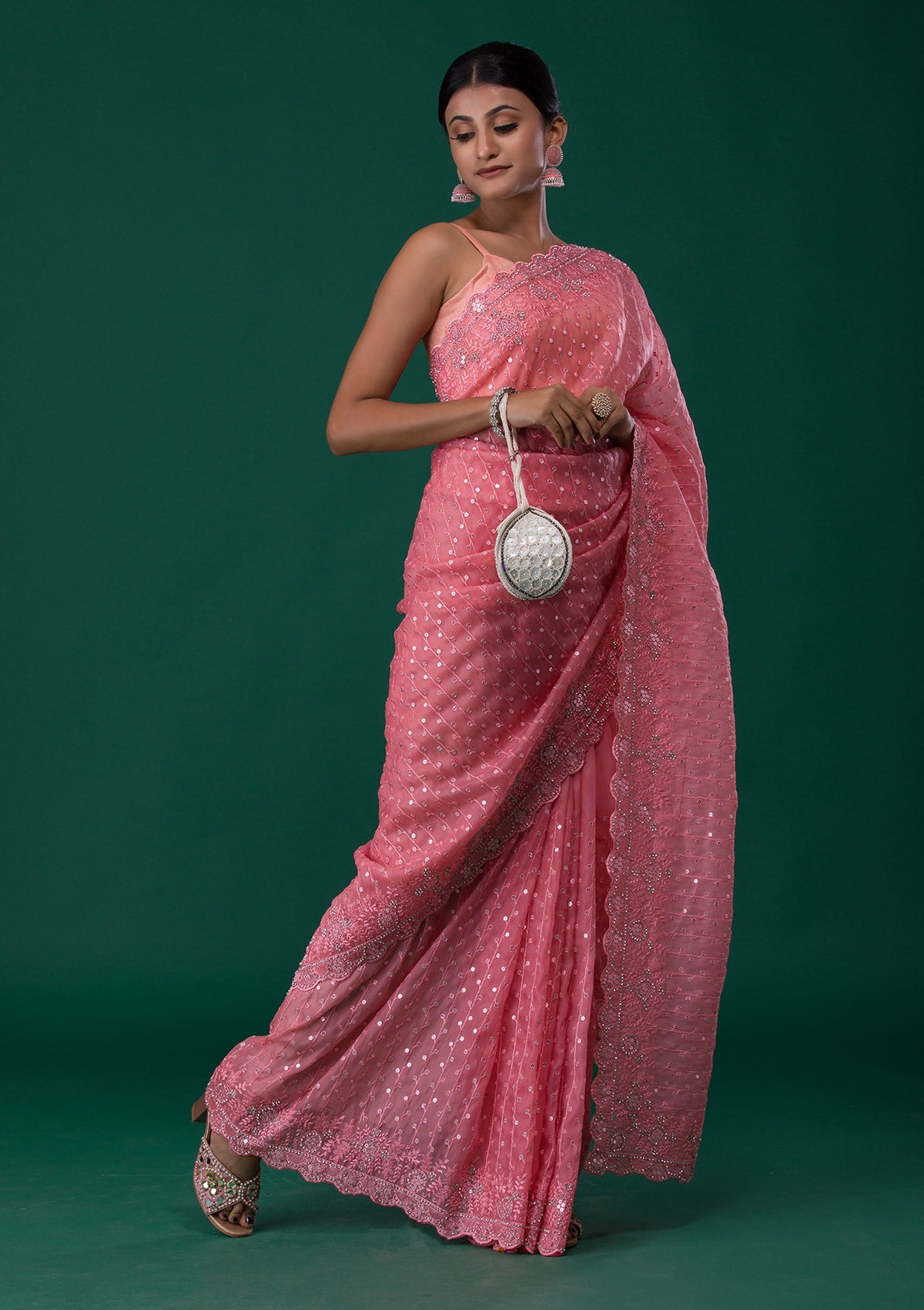 Pink Silver Stonework Georgette Saree-Koskii