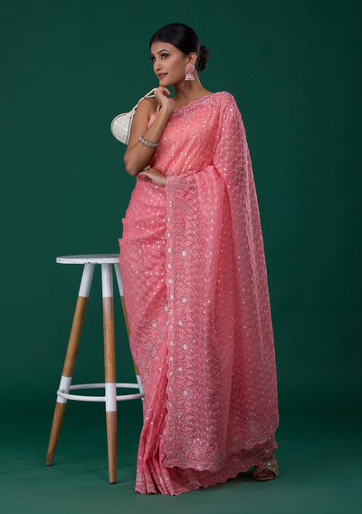 Pink Silver Stonework Georgette Saree-Koskii
