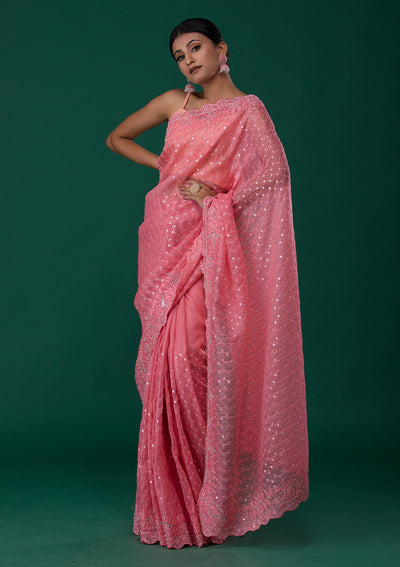 Pink Silver Stonework Georgette Saree-Koskii