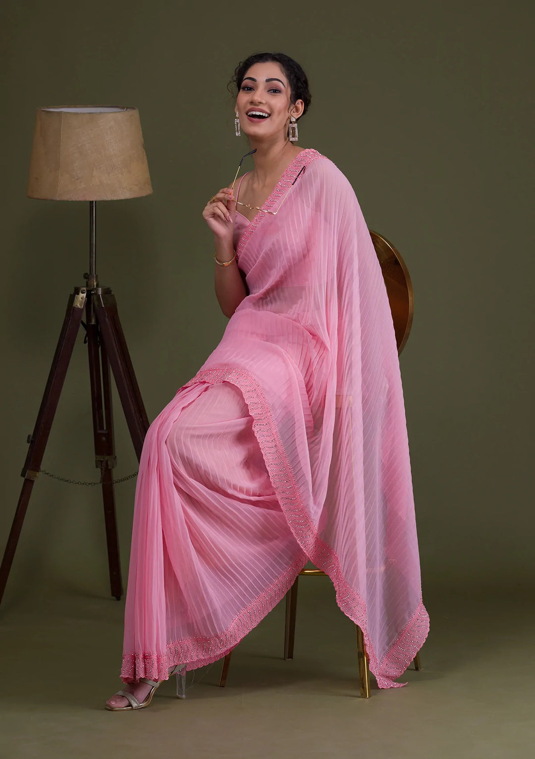 Pink Silver-Stonework Georgette Saree-Koskii