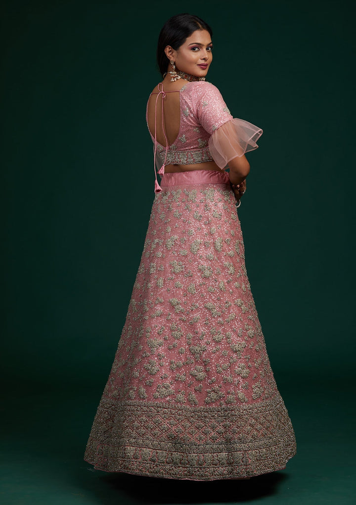 Pink Silver Stonework Net Designer Lehenga-Koskii