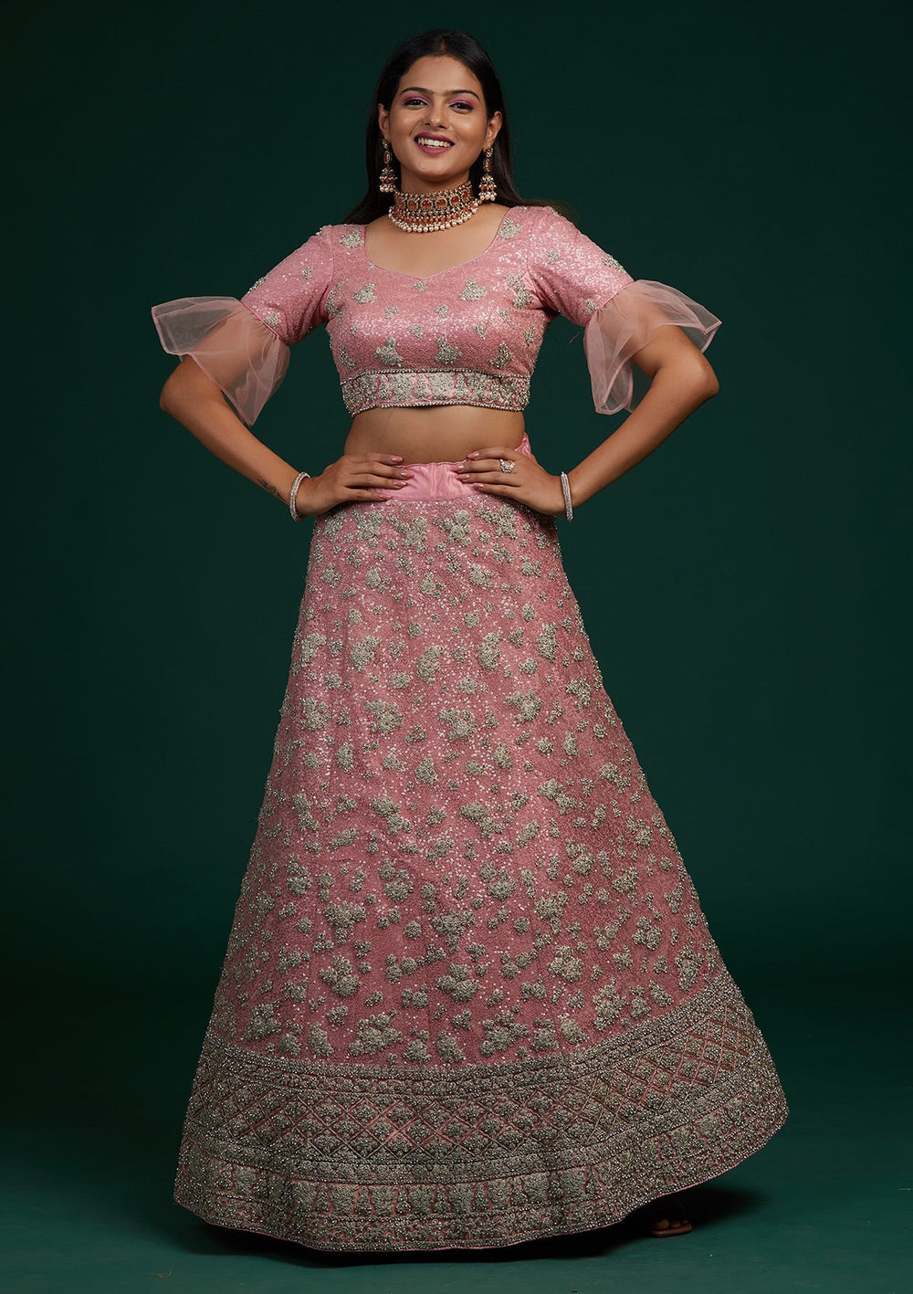 Pink Silver Stonework Net Designer Lehenga-Koskii