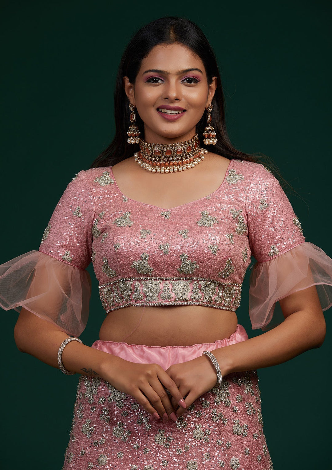 Pink Silver Stonework Net Designer Lehenga-Koskii