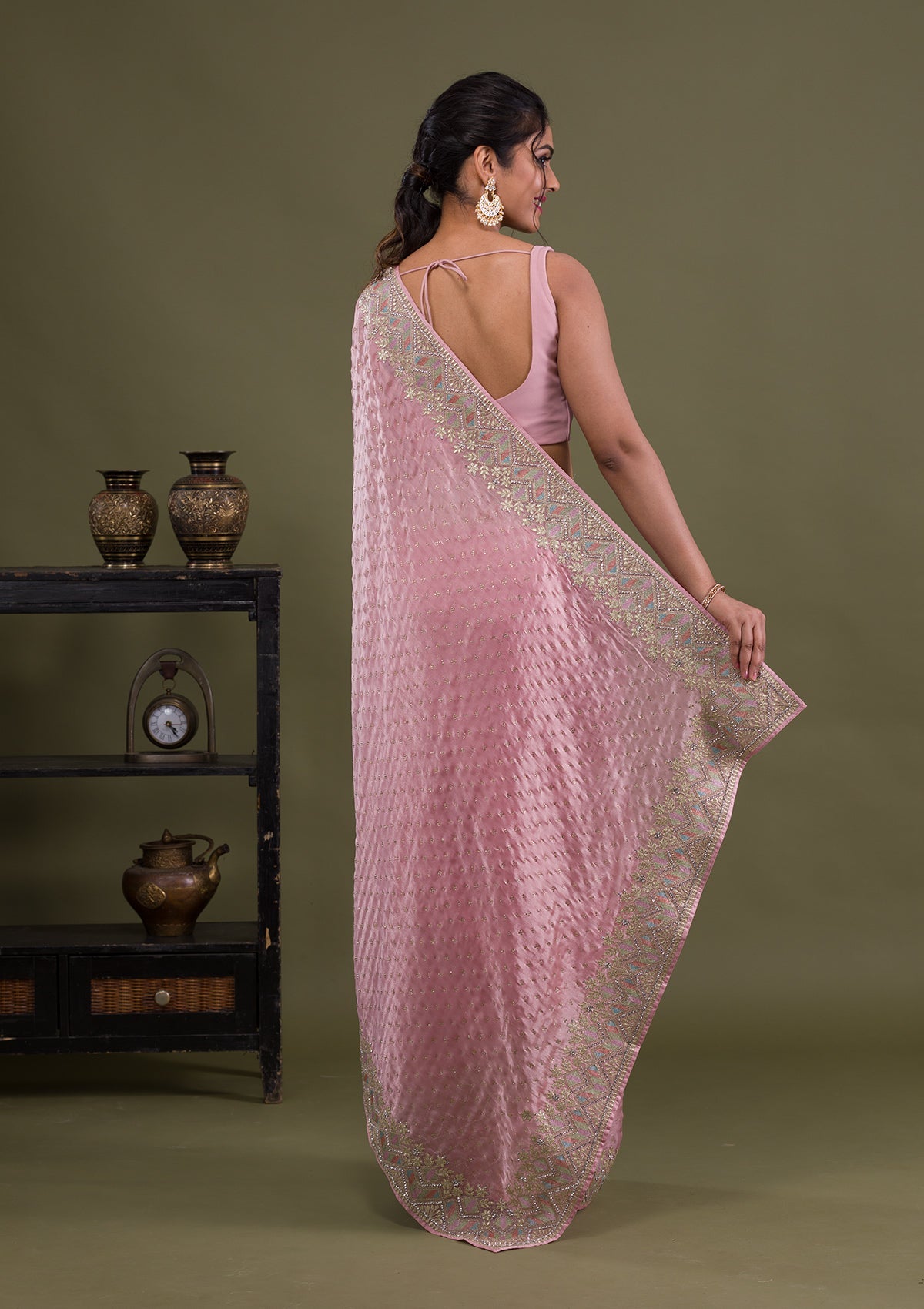 Pink Stonework Satin Saree-Koskii