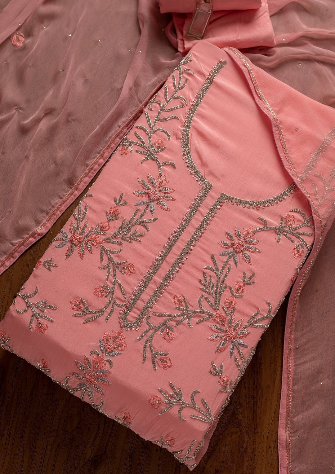 Pink Silver Stonework Semi Crepe Designer Unstitched Salwar Suit - koskii