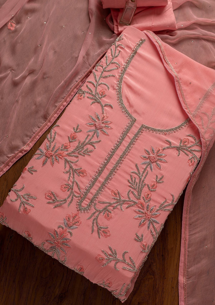 Pink Silver Stonework Semi Crepe Designer Unstitched Salwar Suit - koskii