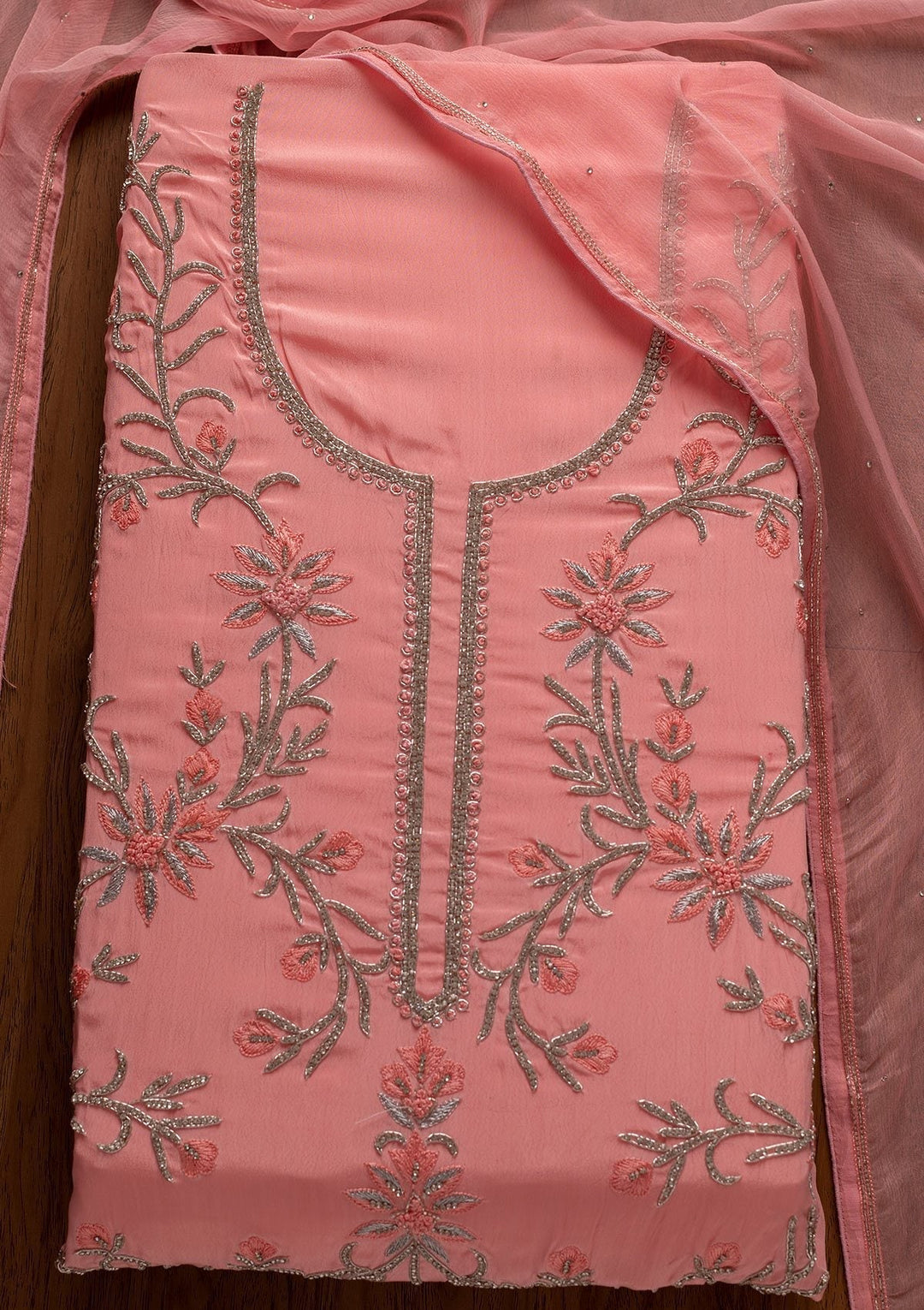 Pink Silver Stonework Semi Crepe Designer Unstitched Salwar Suit - koskii