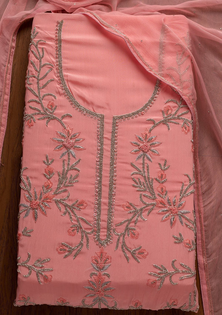 Pink Silver Stonework Semi Crepe Designer Unstitched Salwar Suit - koskii